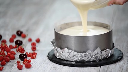 Step by step. Pouring white chocolate mousse cake. Making Triple chocolate mousse cake. - Powered by Adobe