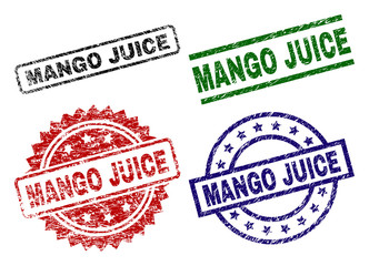 MANGO JUICE seal prints with corroded texture. Black, green,red,blue vector rubber prints of MANGO JUICE title with dirty texture. Rubber seals with circle, rectangle, medal shapes.