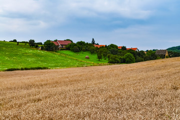 Fototapeta na wymiar houses in the hills and fields