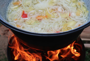 A stew cooked in cauldron over fire