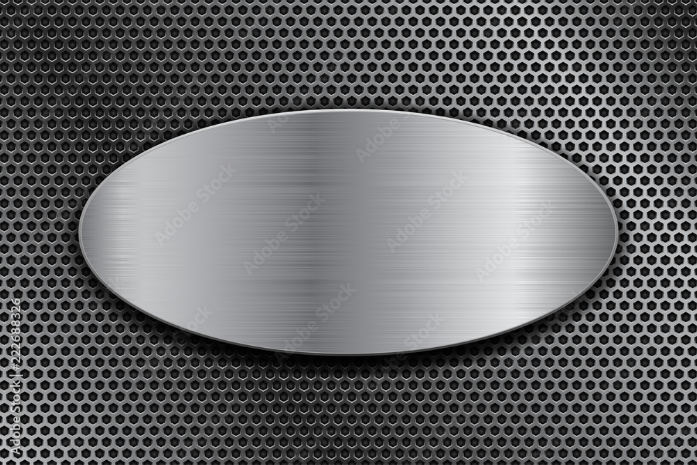 Wall mural brushed metal oval plate on perforated background