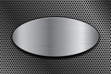 Fototapeta na wymiar Brushed metal oval plate on perforated background