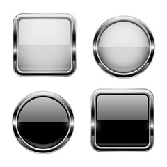 Black and white buttons with chrome frame. Round and square glass shiny 3d icons