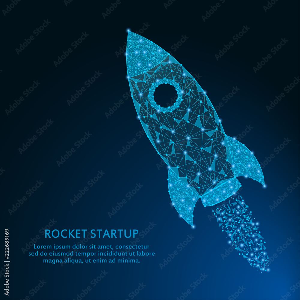 Aufkleber Rocket made by points and lines, polygonal mesh with stars on night sky. Business startup concept from low poly wireframe with spaceship. Vector illustration.