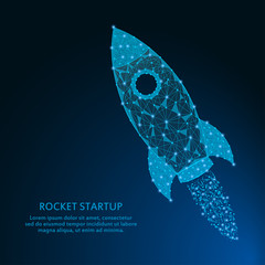 Rocket made by points and lines, polygonal mesh with stars on night sky. Business startup concept from low poly wireframe with spaceship. Vector illustration.
