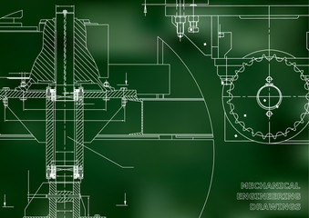 Blueprints. Mechanical engineering drawings. Cover. Banner. Technical Design. Green. Grid