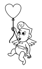 Cupid with heart shaped balloon in black and white
