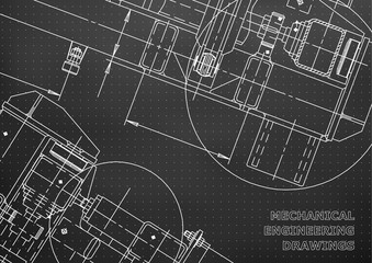 Mechanical Engineering drawing. Blueprints. Mechanics. Cover, background. Black. Points
