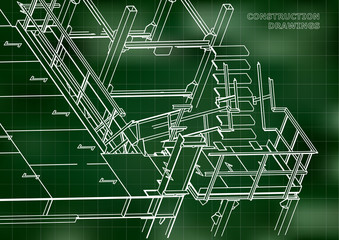 Building. Metal constructions. Volumetric constructions. 3D design. Abstract background. Green. Grid