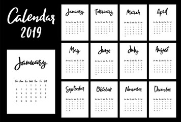 Calendar 2019 vector design template. Week starts from Sunday. Set of 12 months lettering inscription.