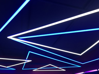 Blue white purple neon lights on ceiling and wall