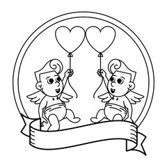 Cupids with balloons on round emblem in black and white