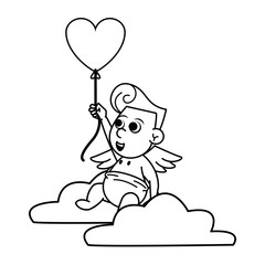 Cupid on cloud with heart shaped balloon in black and white