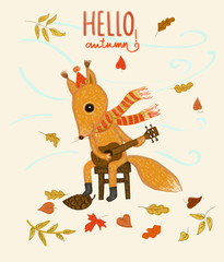 autumn card / little squirrel plays  on the ukulele on the autumn background