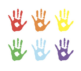Vector background, color prints of hands symbolizes friendship. colored palms in paint