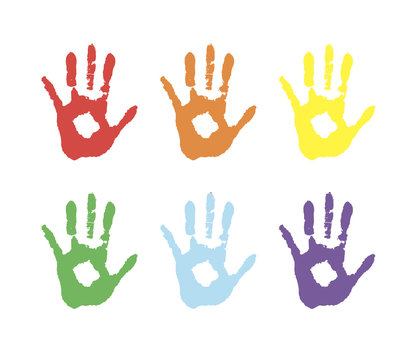 Vector background, color prints of hands symbolizes friendship. colored palms in paint