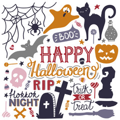 Hand drawn Halloween colorful doodles print with lettering, pumpkin, bat, cat, ghost and other elements. Vector illustration.