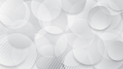 Abstract background of translucent circles and halftone dots in white and gray colors