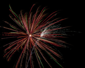 Fireworks with bright streaks radiating from a starburst and sparkles on one side against a back sky