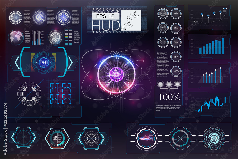 Poster Head-up display elements for the web and app. Virtual Technology Background. Futuristic user interface. Game Design.  Vector illustration HUD background outer space.
