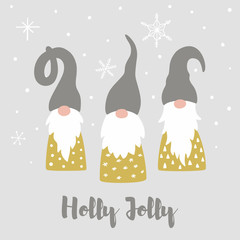 Merry christmas card with cute scandinavian gnomes, snowflakes and text Holly Jolly. Tomte gnome illustration. Happy New Year vector design template. - 222692753
