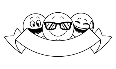 Chat emoticons with ribbon banner in black and white