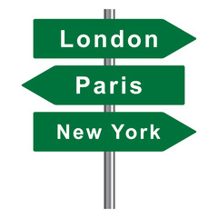 London, Paris, New York road sign, green isolated on white background, vector illustration.