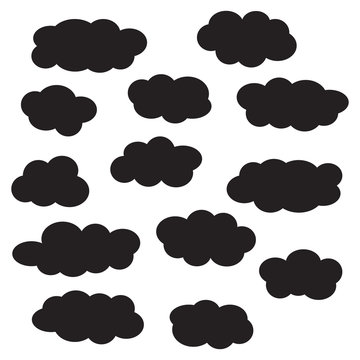 Cloud icon set, black isolated on white background, vector illustration.