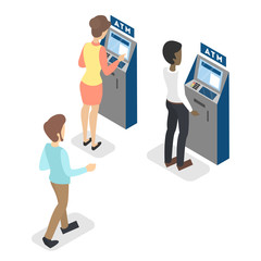 People standing in line at ATM illustration