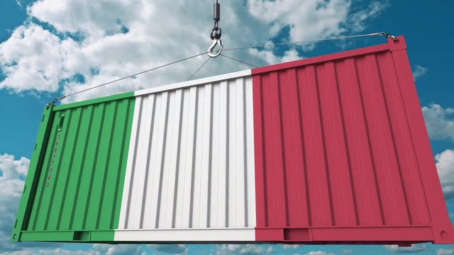 Loading cargo container with flag of Italy. Italian import or export related conceptual 3D animation