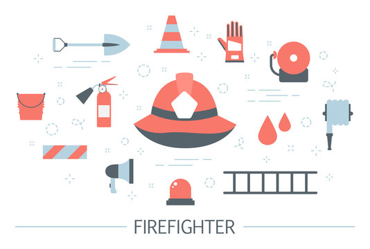 Firefighter concept illustration. Set of fireman equipment