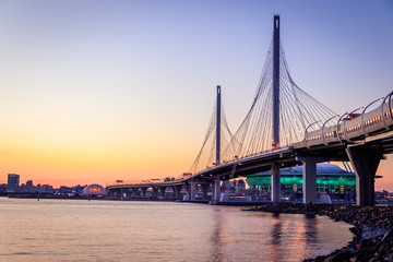 WHSD bridge in St. Petersburg in the evening at sunset. High-speed bypass toll road. Petersburg...