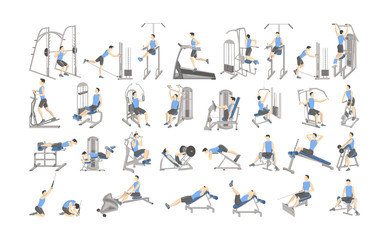 Fototapeta na wymiar Set of workout for men on exercise machines.