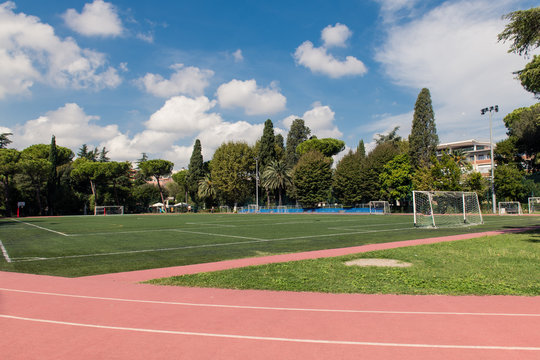 Football field wide shot in green park