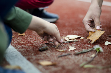 Dłonie dzieci układające napis z patyków i liści jesiennych