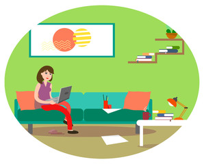 A girl is working at a computer at home on a sofa with a cup of coffee. Illustration in the style of flat