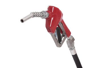 Gasoline pump nozzle with red vinyl covered handle isolated on white