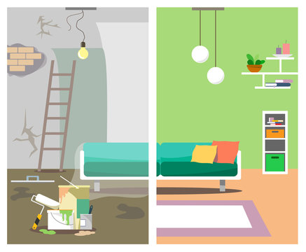 The illustration is presented in two pictures with the repair of the house Before and After in the style of flat