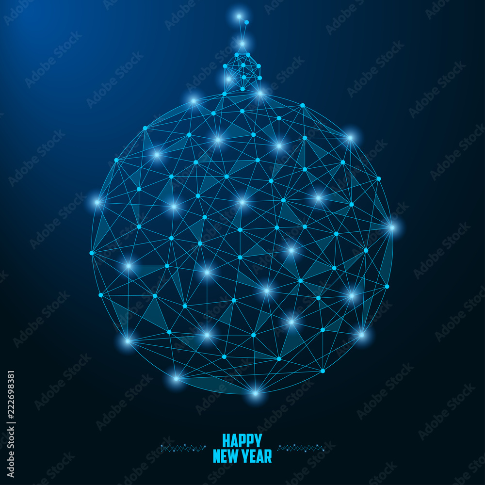 Poster 2019 new year illustration with christmas ball made by points and lines, polygonal wireframe mesh on