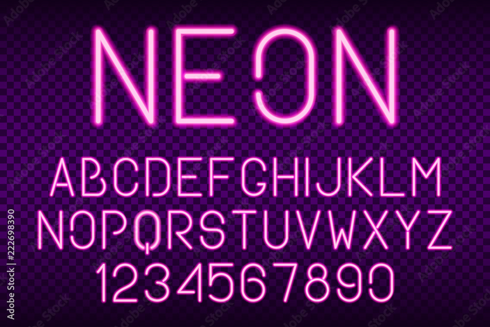 Poster neon font, glowing light alphabet and numbers. luminous effect typeface. vector illustration.