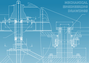 Mechanical engineering. Technical illustration. Backgrounds of engineering subjects. Technical design. Instrument making. Cover, banner, flyer, background. Blue and white