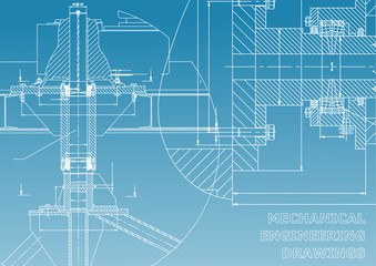 Mechanical engineering. Technical illustration. Backgrounds of engineering subjects. Technical design. Instrument making. Cover, banner, flyer. Blue and white