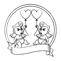 Cupids with balloons on round emblem sketch