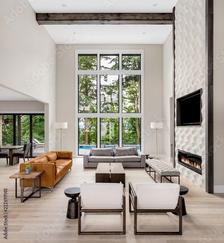 Beautiful Living Room In New Luxury Home Wall Of Windows