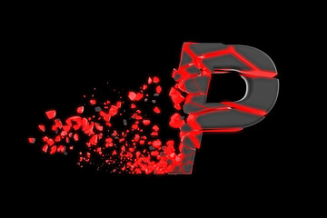 Broken shattered fast sporty alphabet letter P uppercase. Crushed speedy racing font. 3D render isolated on black background.