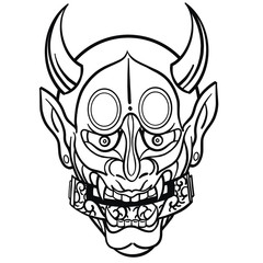 hand drawn vector illustration of a Japanese mask in black and white with horns from the front with roll in the mouth. Tattoo template isolated