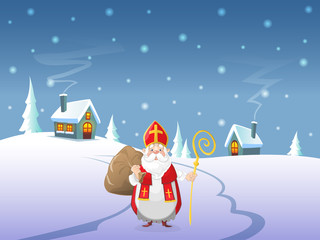 Saint Nicholas or Sinterklaas is coming to village - Winter landscape at night