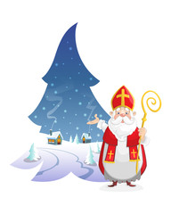 Illustration winter landscape in form of pine with cute Saint Nicholas