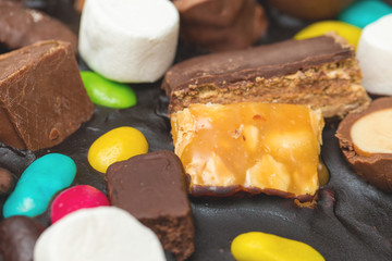 Chocolate cake candy bar closeup