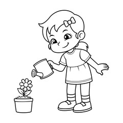 Girl Watering Her Flower Plant BW
